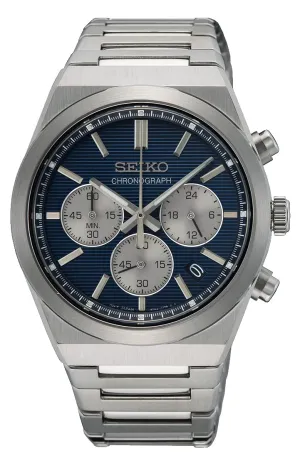 Seiko Stainless Steel Mens Sport Quartz Chronograph Watch Ssb453P1, Dial-Color:Blue, Band Color:Silver