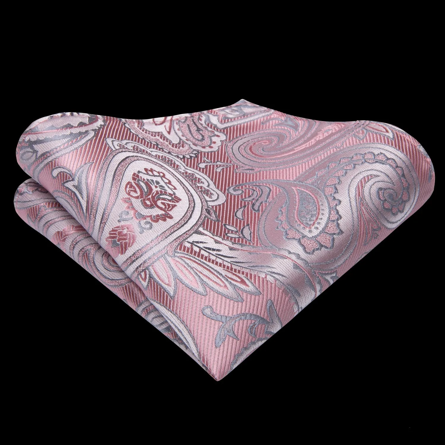 Silver Pink Paisley Tie Pocket Square Cufflinks Set with Spacious Ring