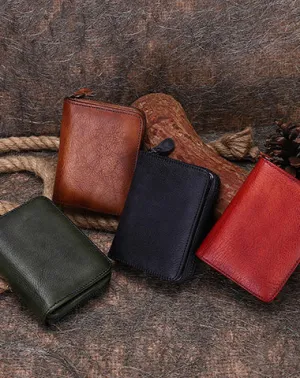 Small Leather Bifold Wallets Vintage Billfold Cute Women Zip Wallets For Ladies