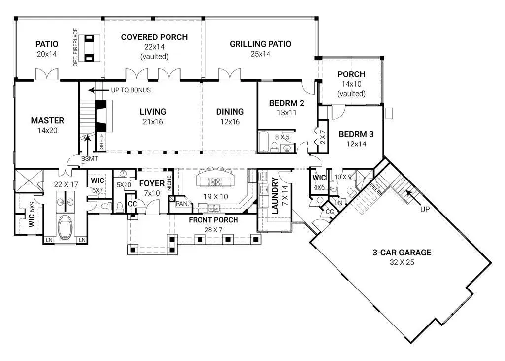 Spacious Home Plan with 3 Bedrooms, Bonus Room, and Courtyard Garage