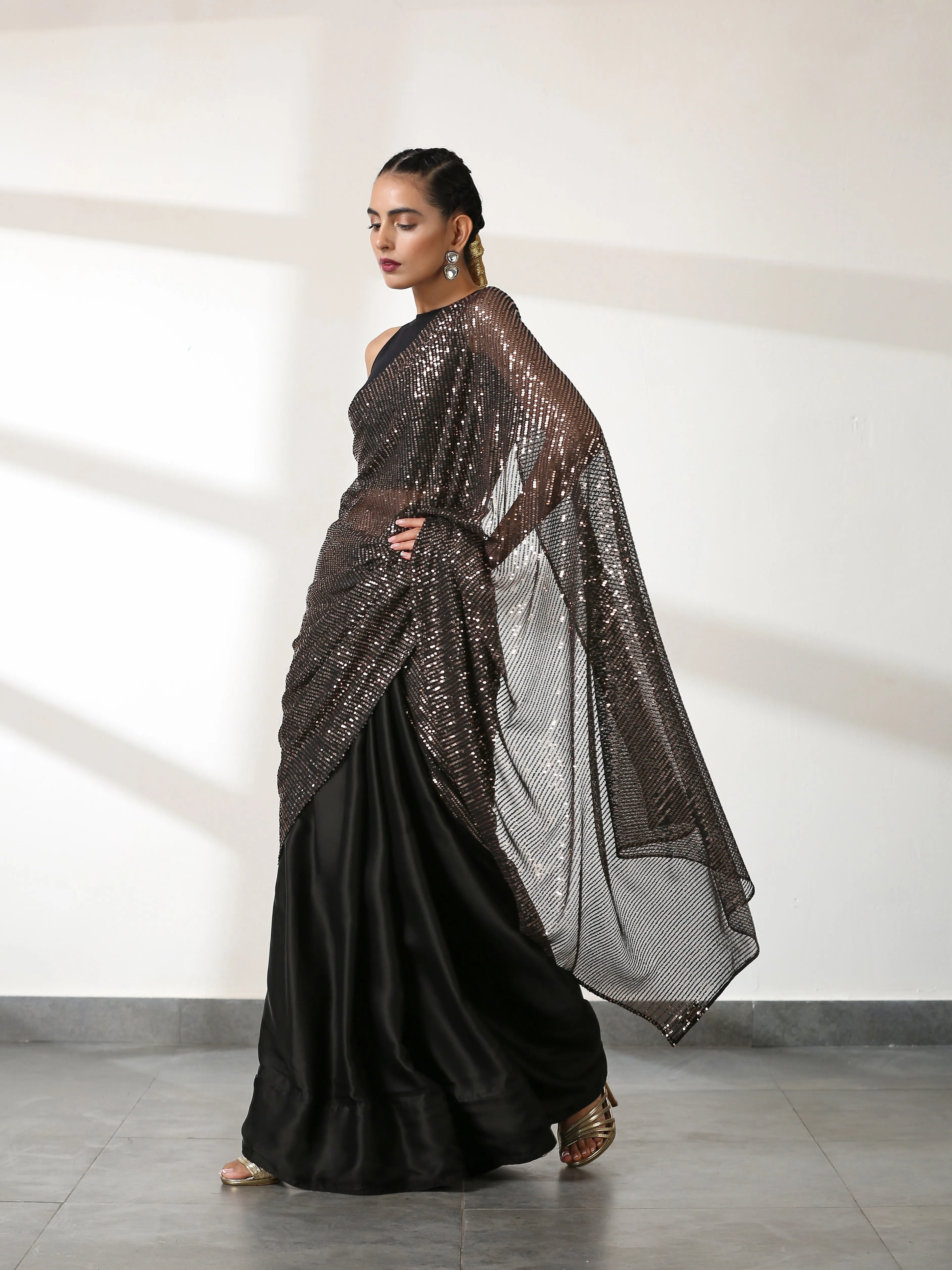 Striking Black and Bronze Sequin Saree