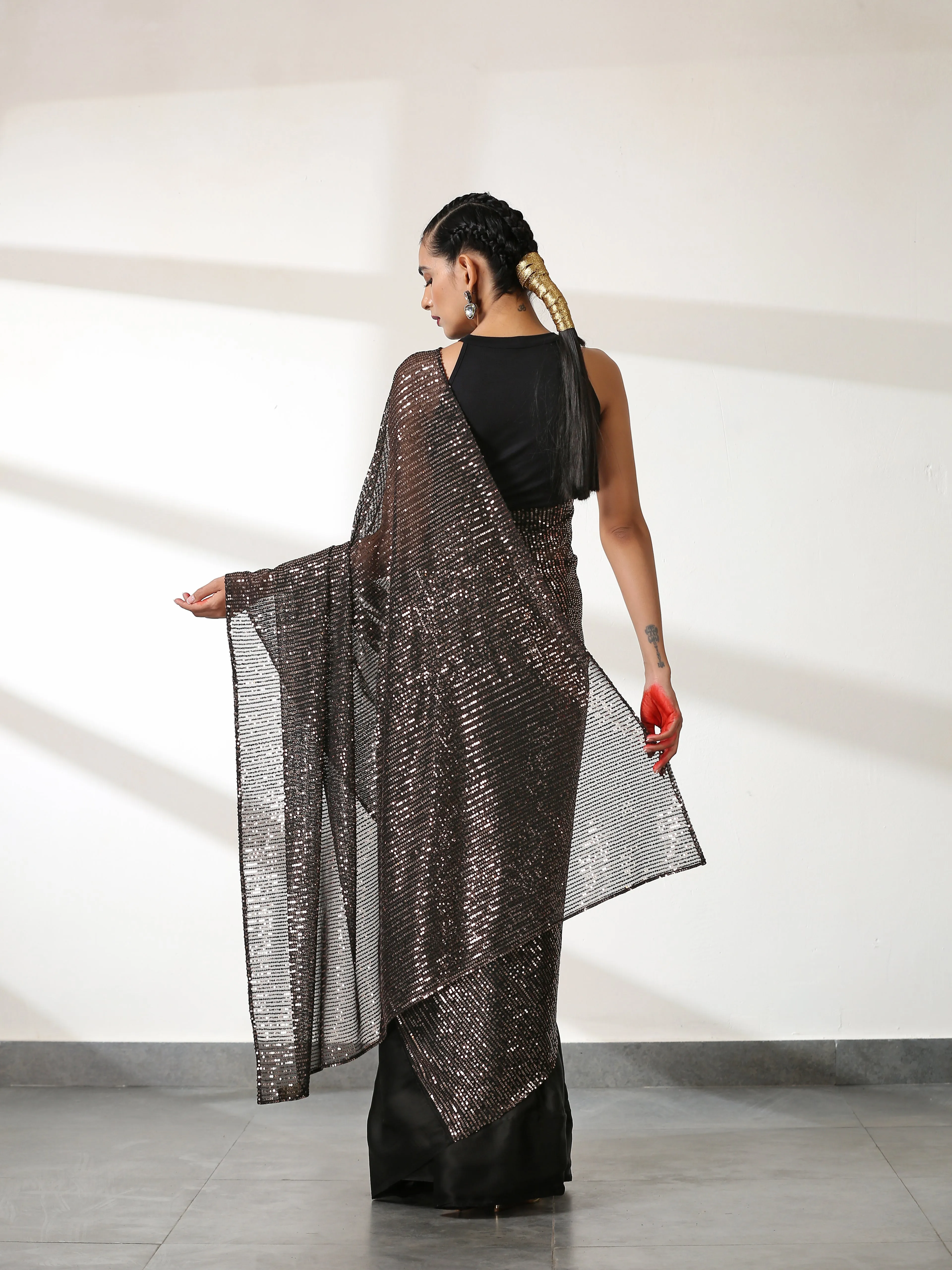 Striking Black and Bronze Sequin Saree