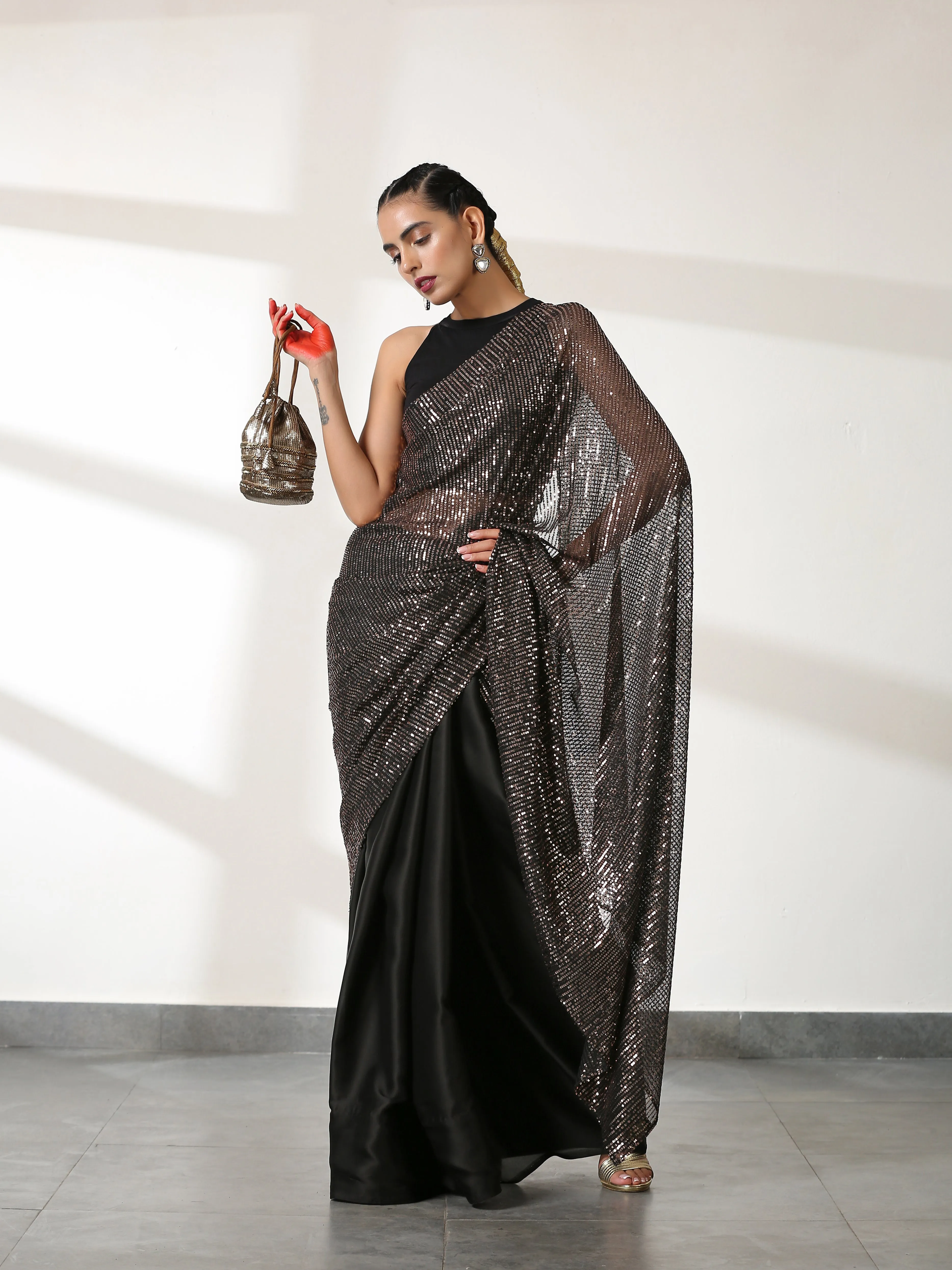 Striking Black and Bronze Sequin Saree