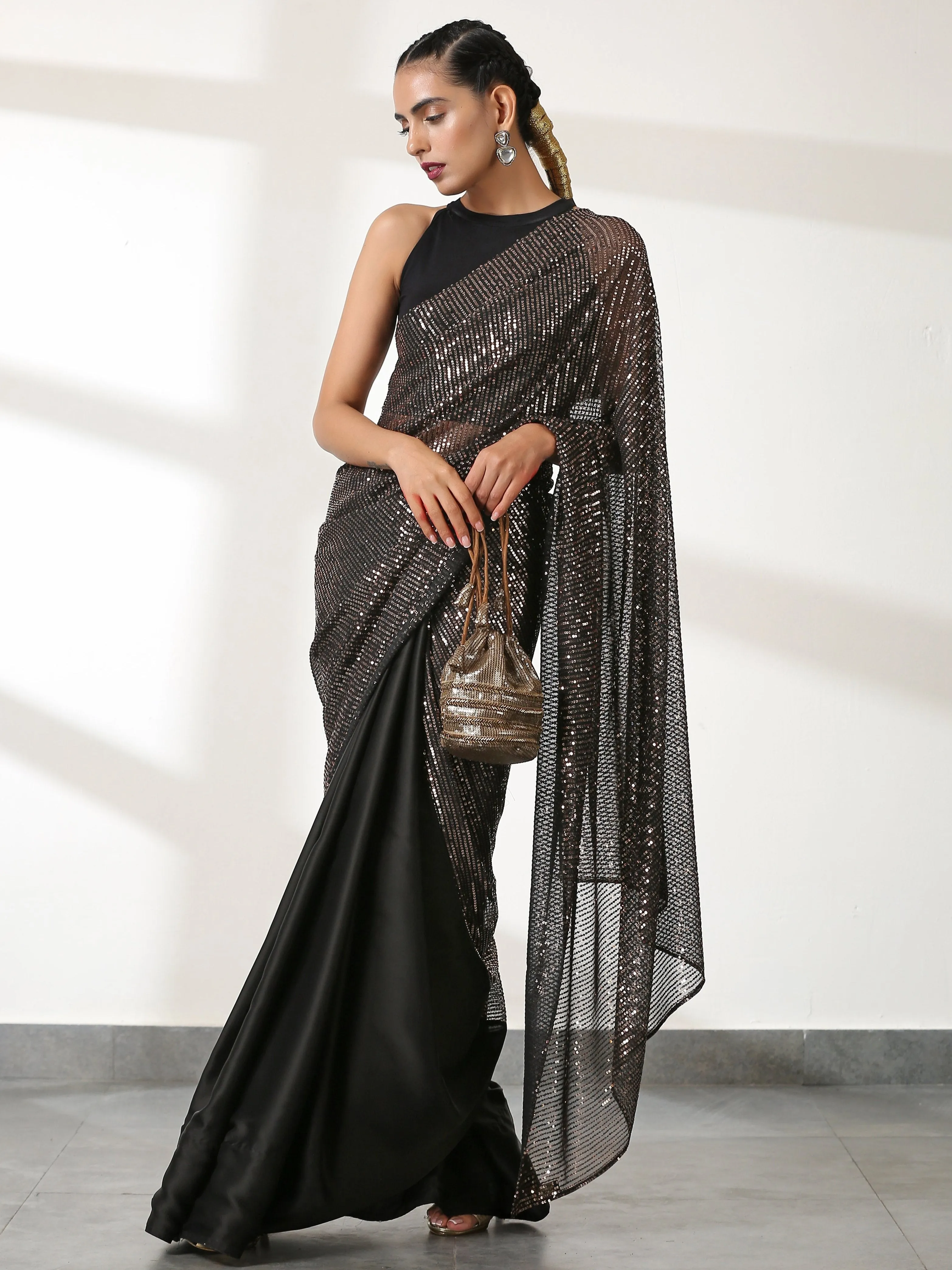 Striking Black and Bronze Sequin Saree