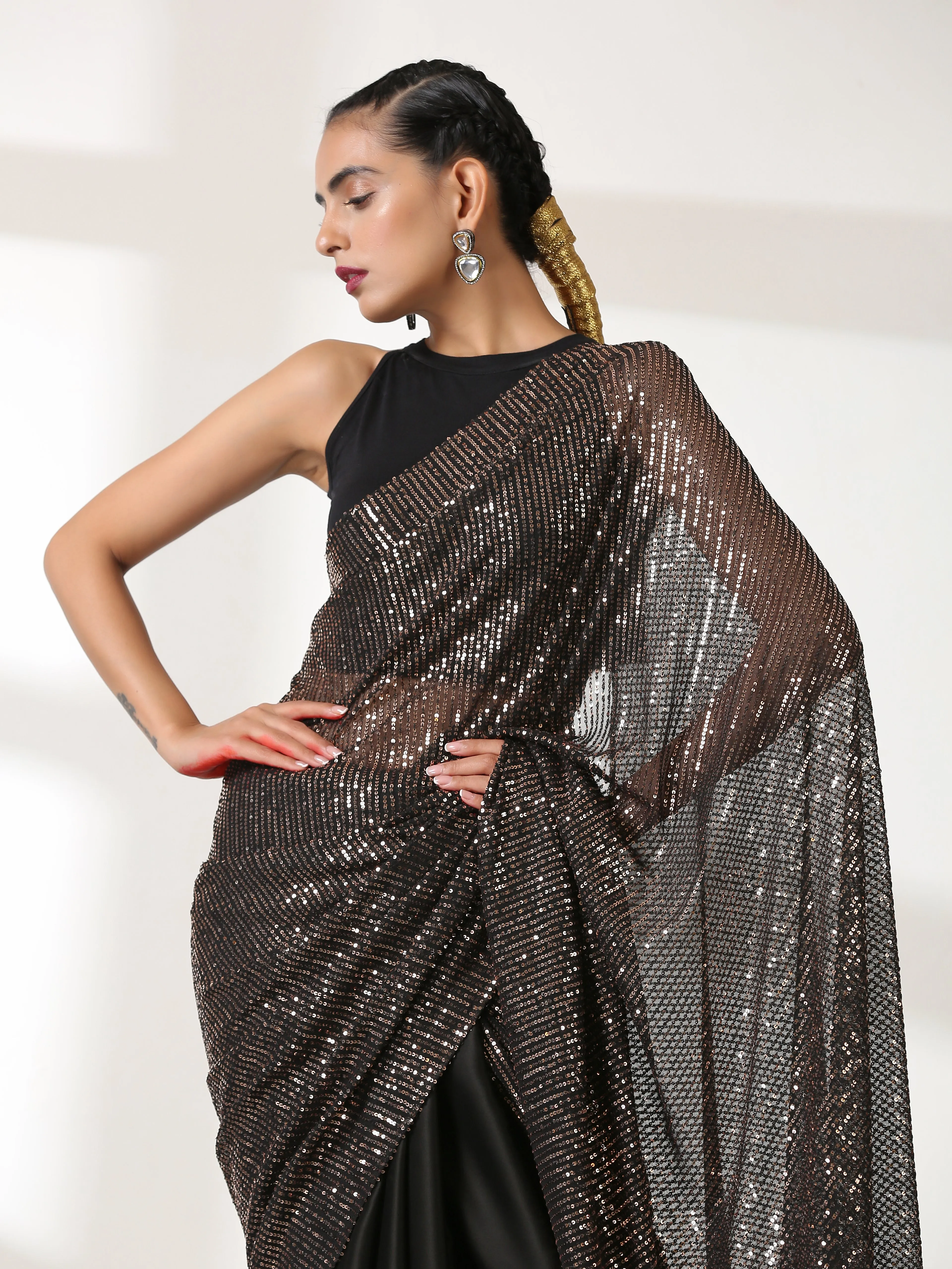 Striking Black and Bronze Sequin Saree