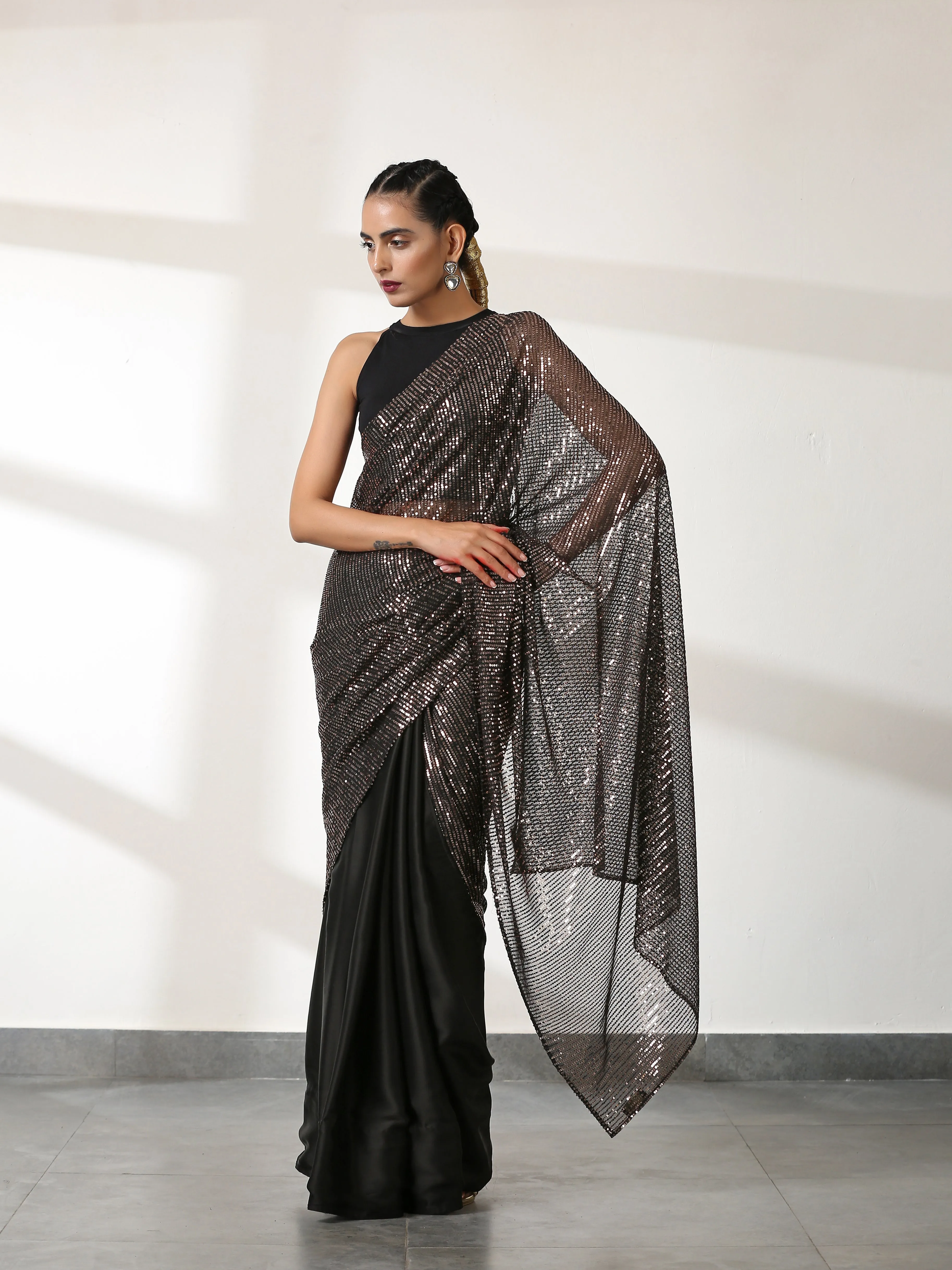 Striking Black and Bronze Sequin Saree