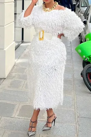 Striking Chic Fringe Trim Fluffy Dress