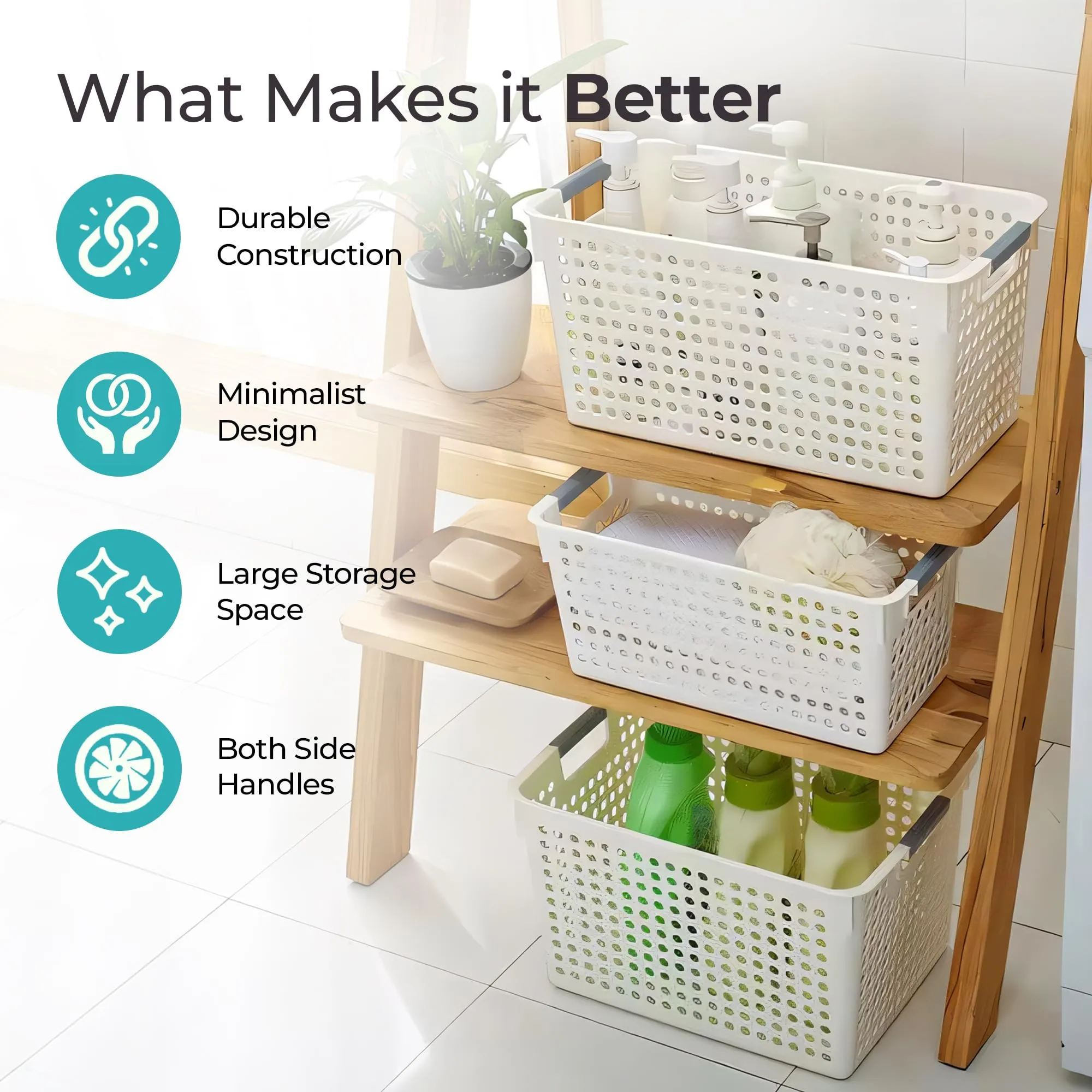 The Better Home Shelf Basket For Storage | Storage Baskets | Storage Organizer | Basket For Clothes With Handle | Plastic Basket | Baskets For Organizing | Multipurpose | Rectangular | White