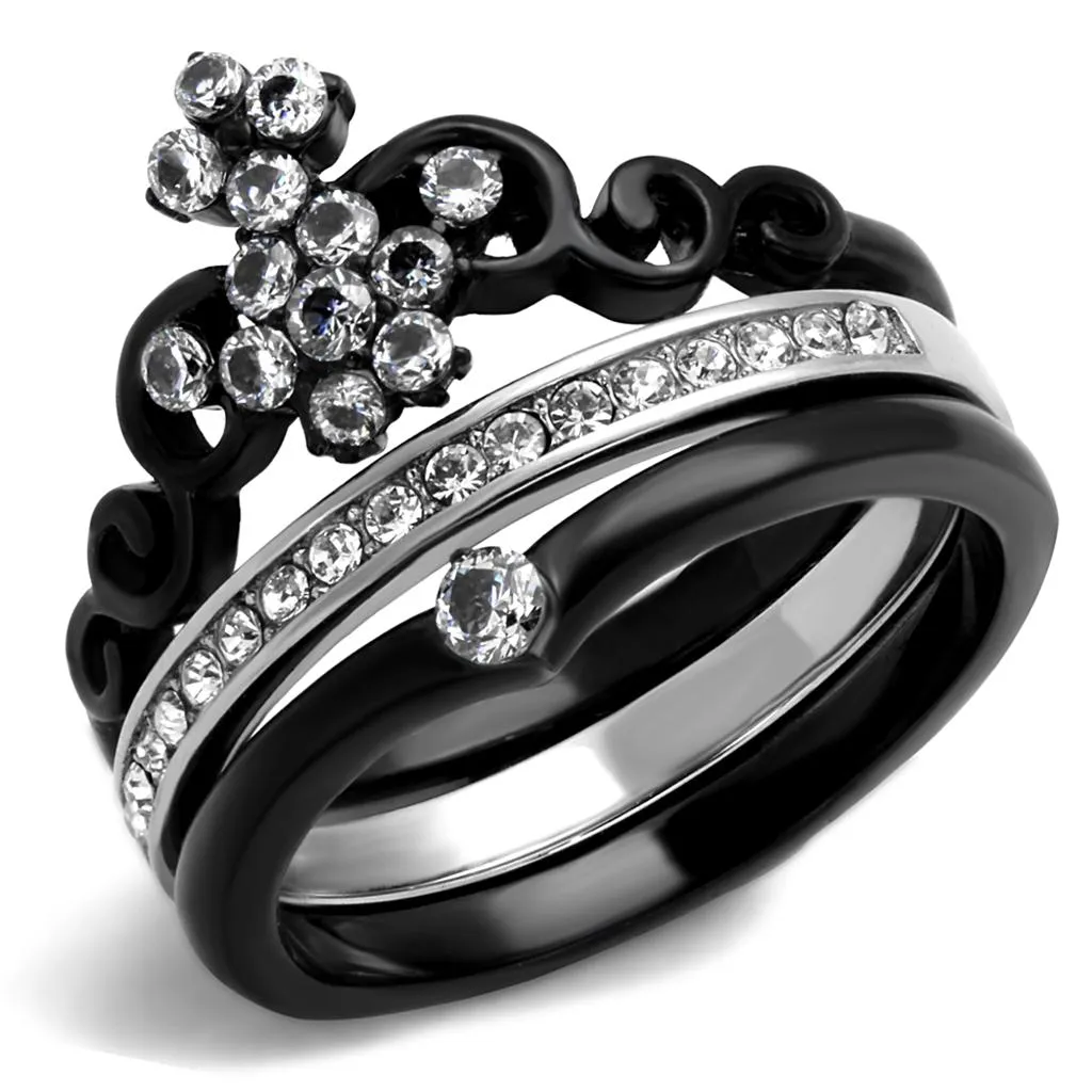 Two-Tone IP Black Stainless Steel Ring with AAA Grade CZ in Clear for Women Style TK2187