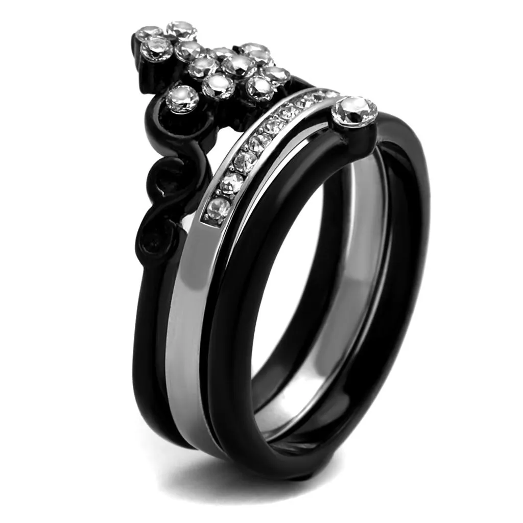 Two-Tone IP Black Stainless Steel Ring with AAA Grade CZ in Clear for Women Style TK2187