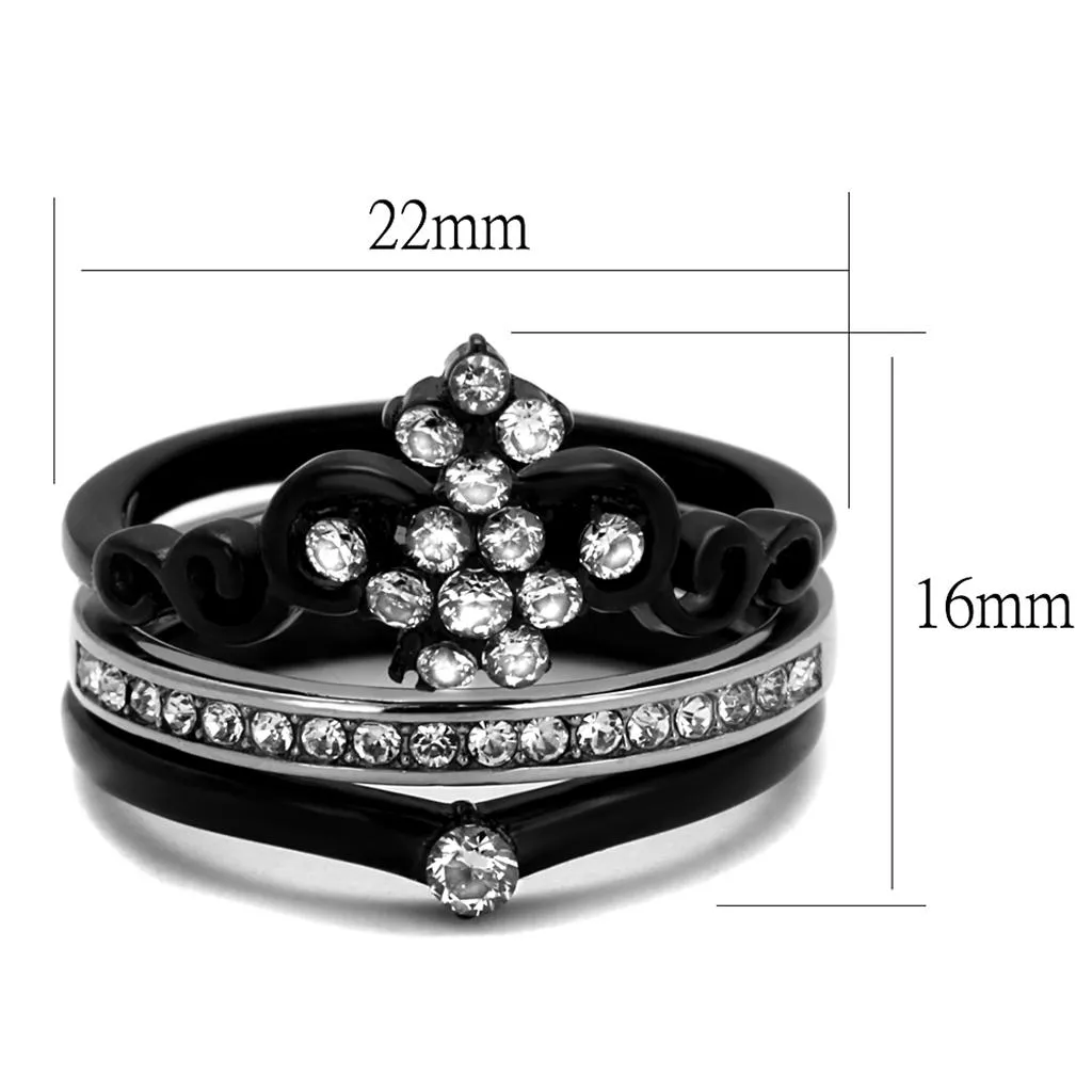 Two-Tone IP Black Stainless Steel Ring with AAA Grade CZ in Clear for Women Style TK2187