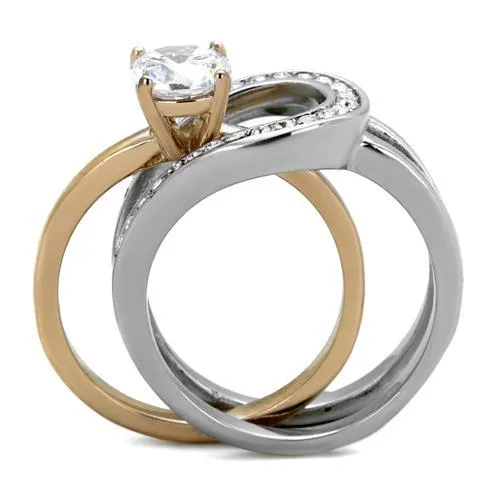 Two-Tone IP Rose Gold Stainless Steel Ring with AAA Grade CZ in Clear for Women Style TK2032