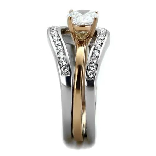 Two-Tone IP Rose Gold Stainless Steel Ring with AAA Grade CZ in Clear for Women Style TK2032