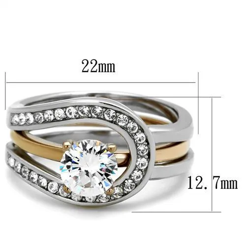 Two-Tone IP Rose Gold Stainless Steel Ring with AAA Grade CZ in Clear for Women Style TK2032