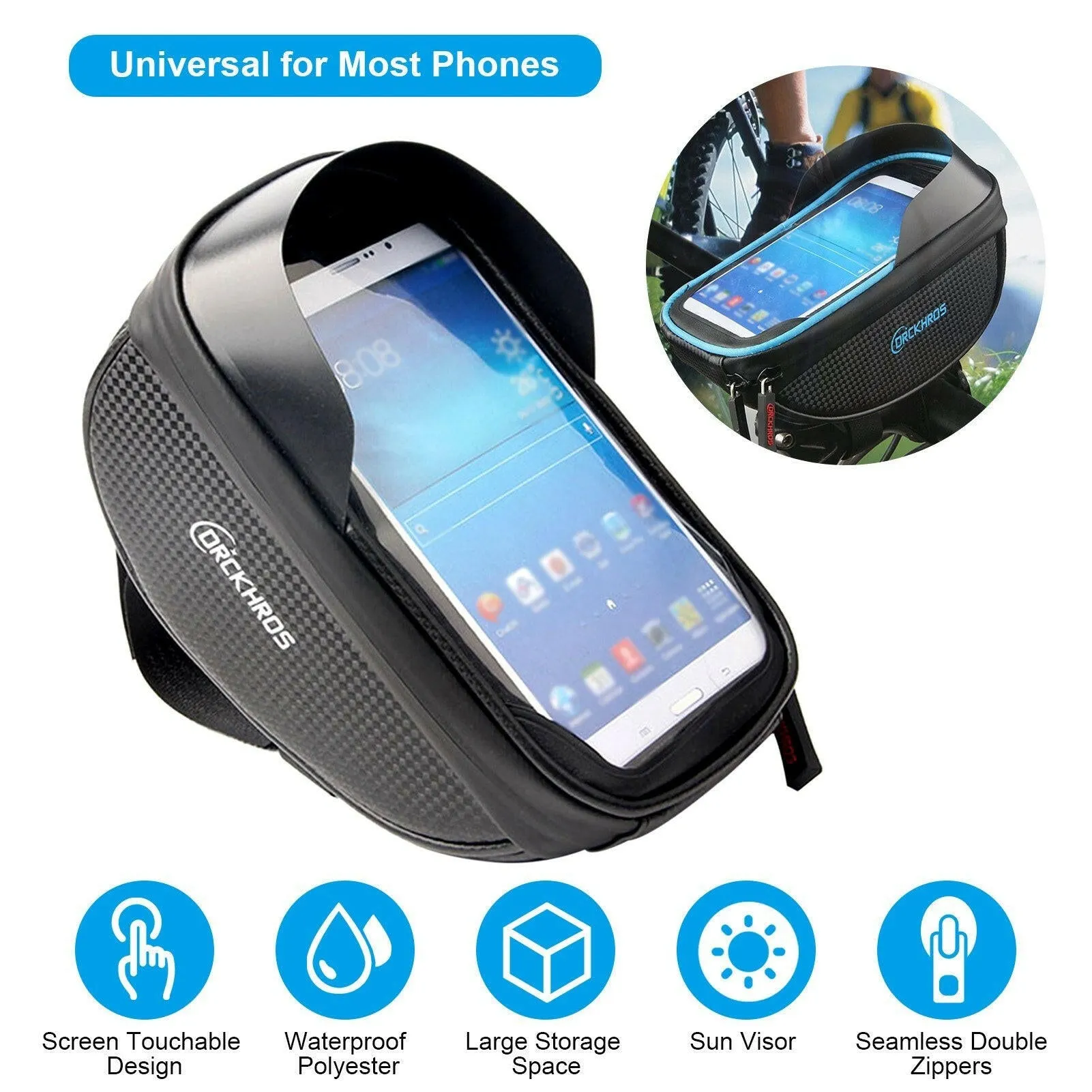 Universal Bike Phone Mount Bag Bicycle Front Frame Bag Waterproof Screen-Touching Handlebar Bag Bicycle Accessories Phone Holder with Double Zipper & Sun-Visor