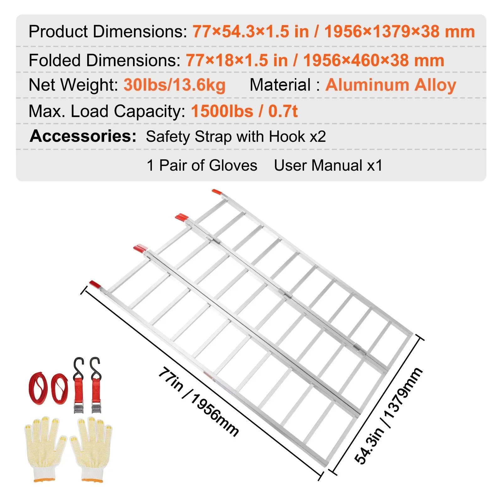 Vevor Aluminum Ramp 1500 lbs Capacity 77" x 24" Tri-Fold Load Straps New