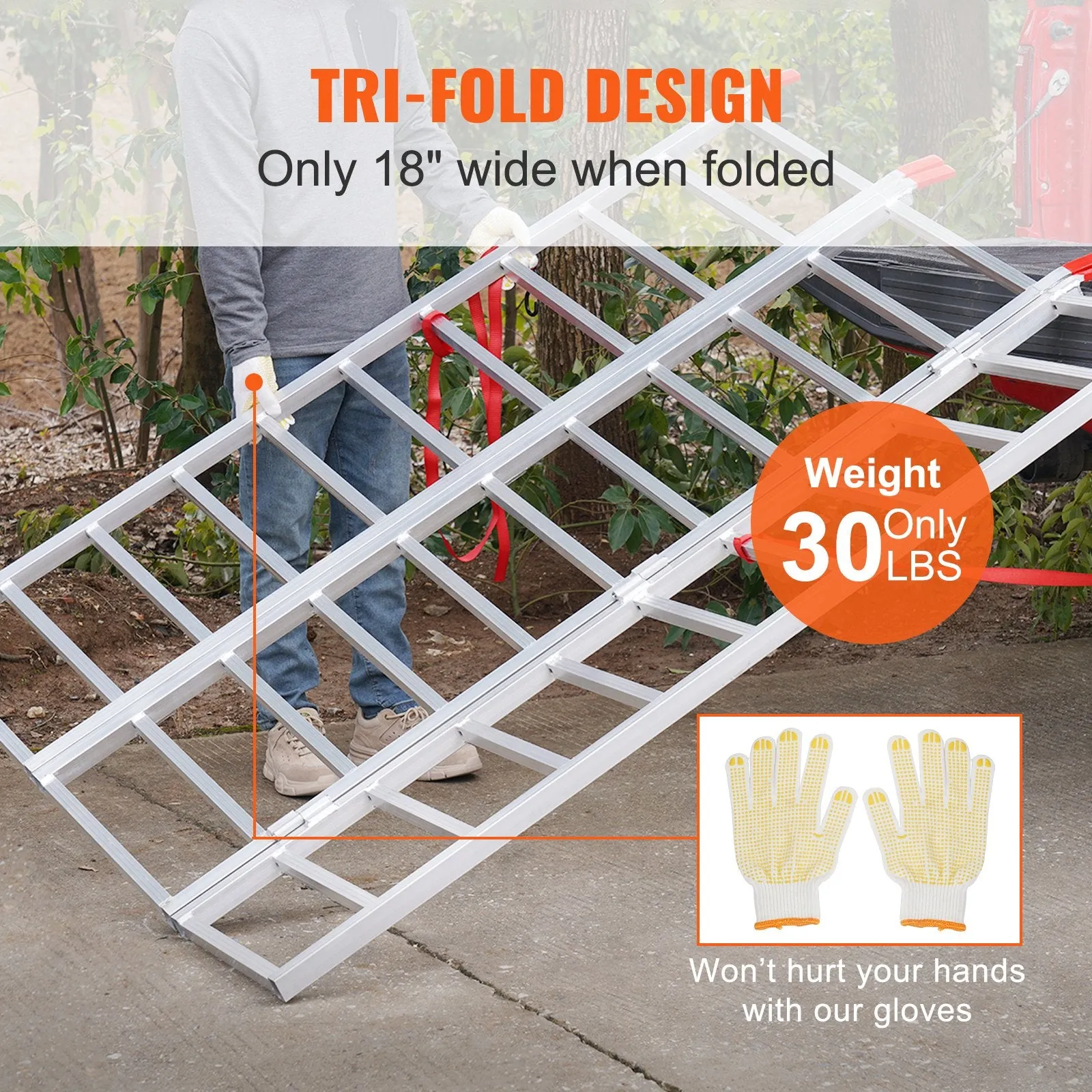 Vevor Aluminum Ramp 1500 lbs Capacity 77" x 24" Tri-Fold Load Straps New