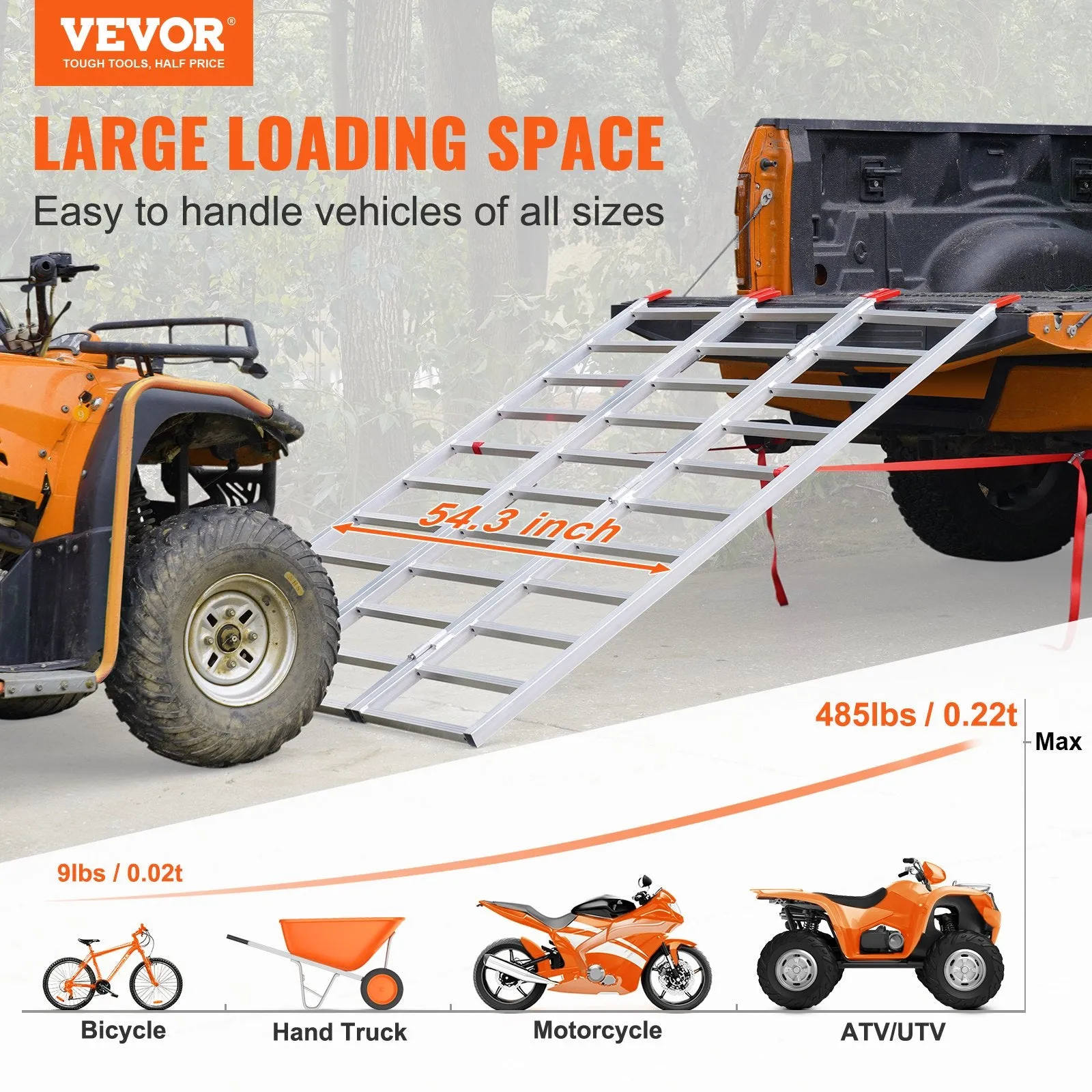 Vevor Aluminum Ramp 1500 lbs Capacity 77" x 24" Tri-Fold Load Straps New