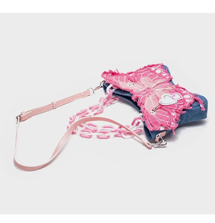 Y2K Pink Butterfly Denim Cute Sweet Chain Handbag Shoulder Messenger Bag