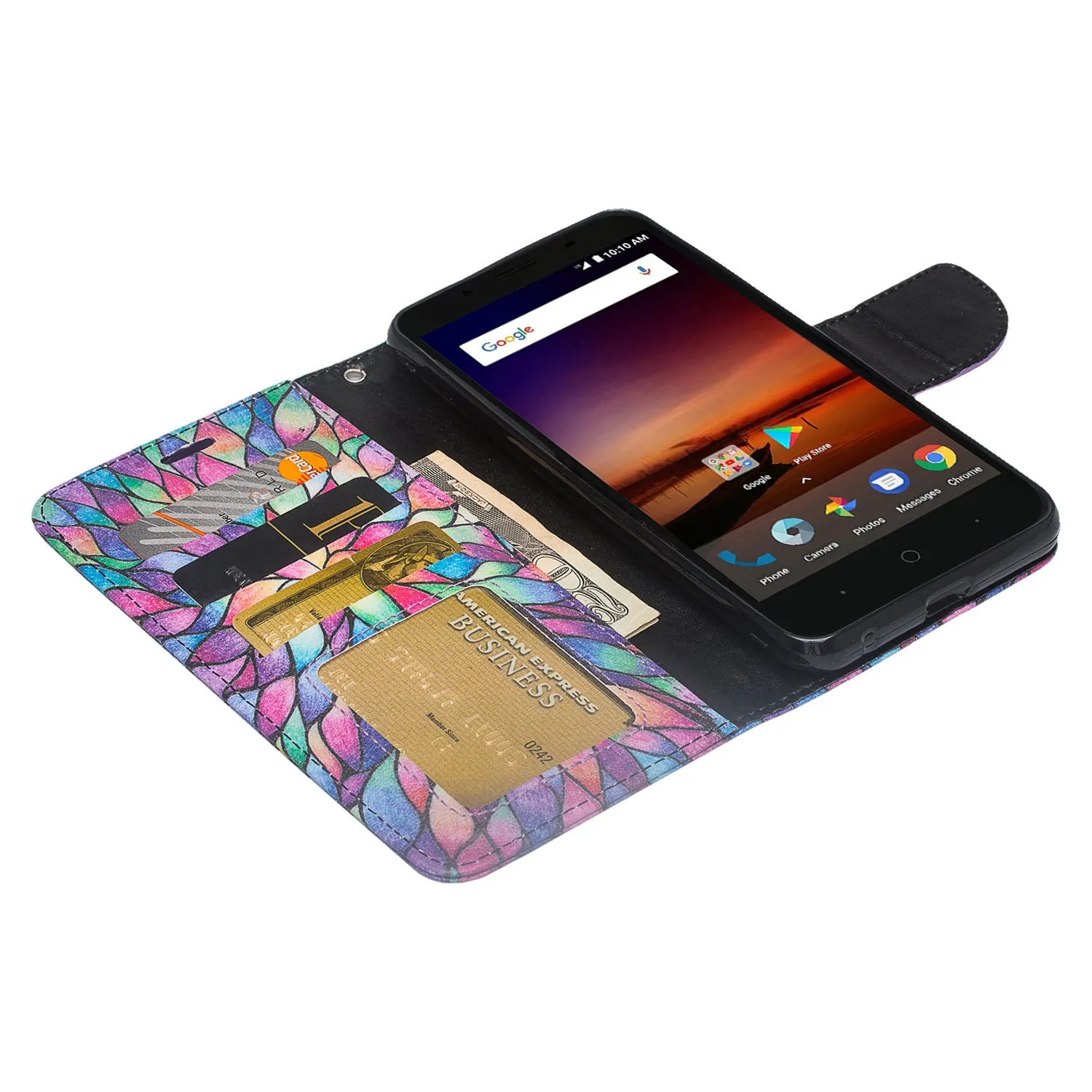 ZTE Blade Force | ZTE N9517 Pu Leather Magnetic Flip Fold[Kickstand] Wrist Strap Wallet Case with ID & Card Slots for ZTE Blade Force - Rainbow Flower