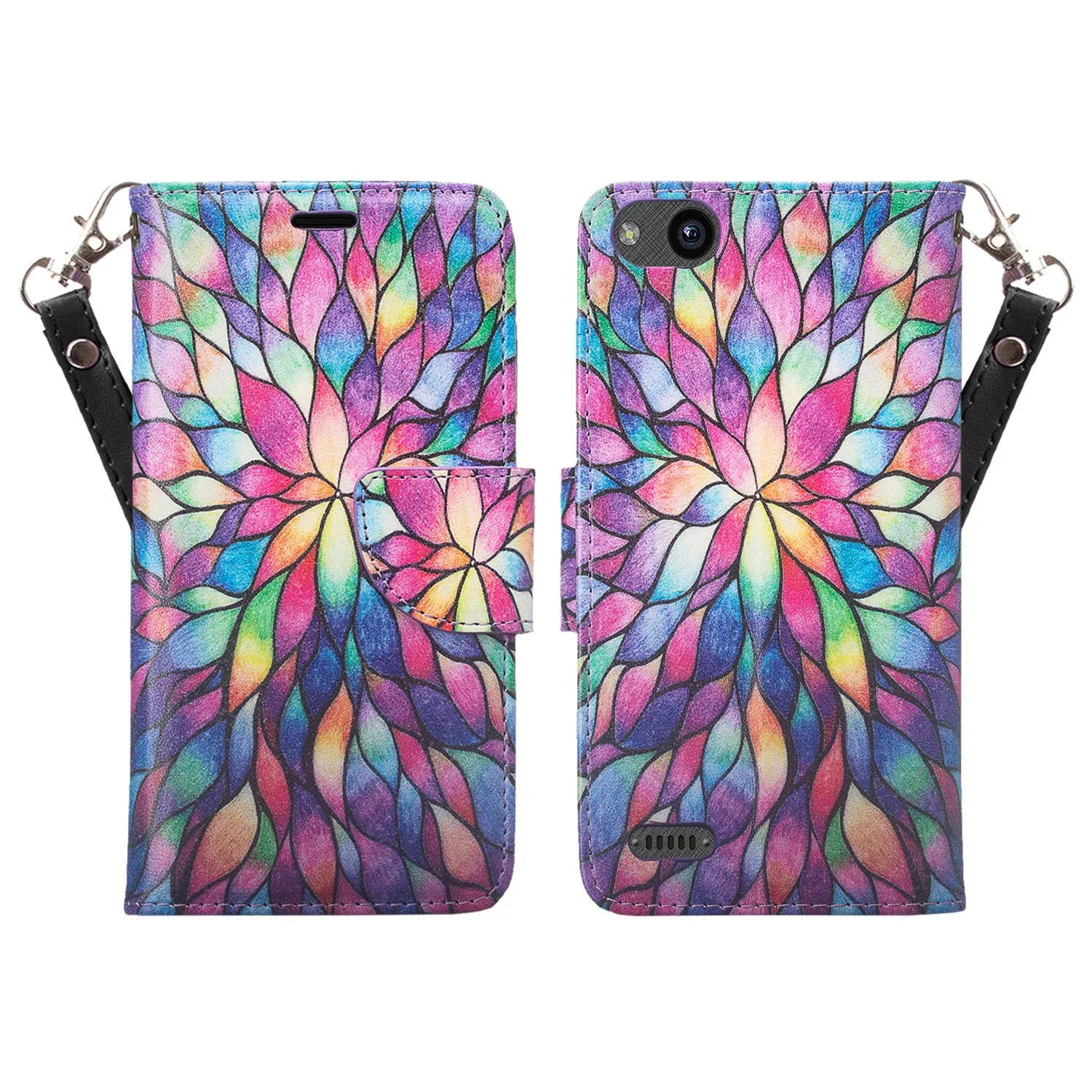 ZTE Blade Force | ZTE N9517 Pu Leather Magnetic Flip Fold[Kickstand] Wrist Strap Wallet Case with ID & Card Slots for ZTE Blade Force - Rainbow Flower