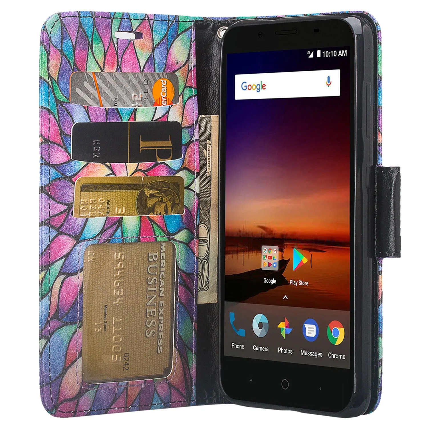 ZTE Blade Force | ZTE N9517 Pu Leather Magnetic Flip Fold[Kickstand] Wrist Strap Wallet Case with ID & Card Slots for ZTE Blade Force - Rainbow Flower