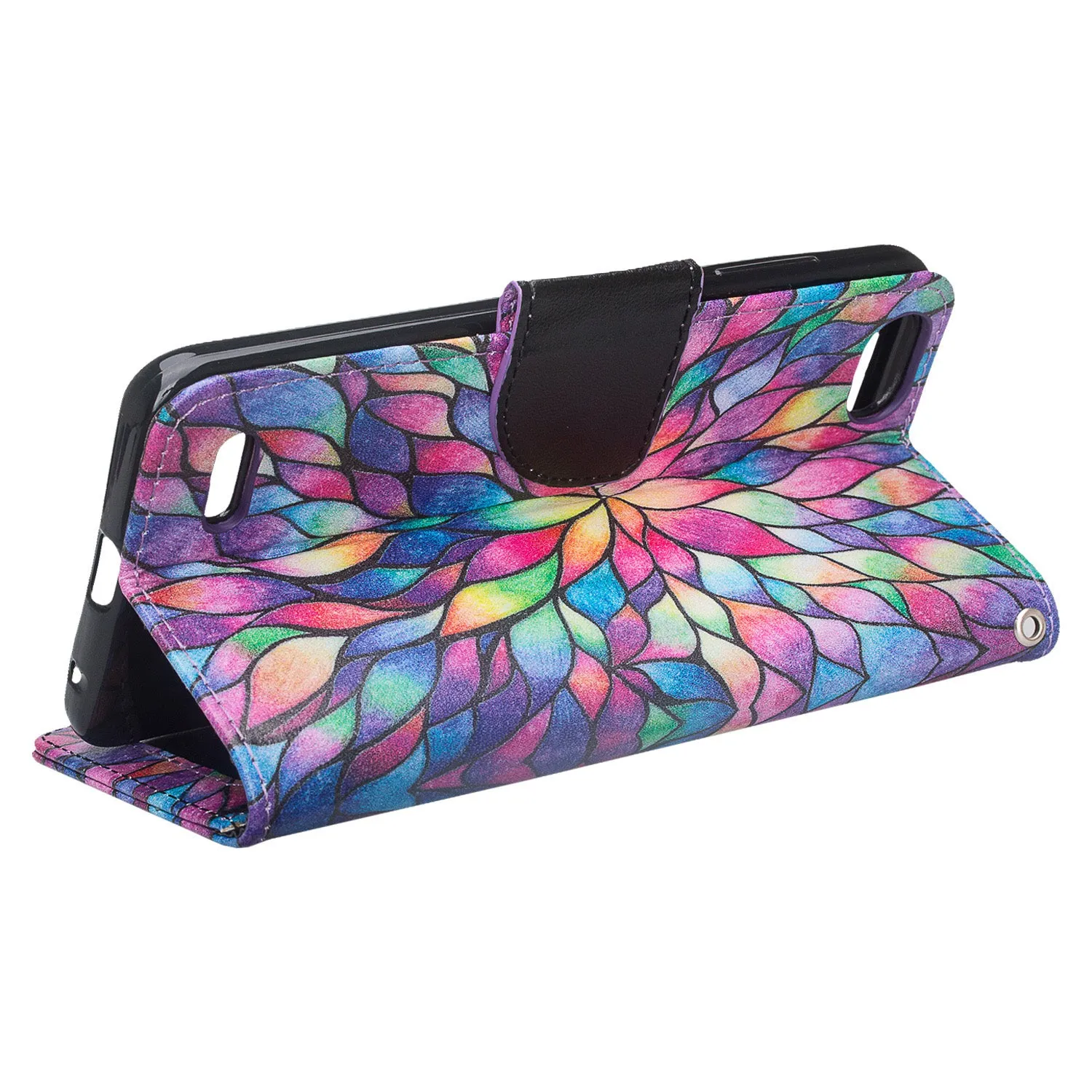 ZTE Blade Force | ZTE N9517 Pu Leather Magnetic Flip Fold[Kickstand] Wrist Strap Wallet Case with ID & Card Slots for ZTE Blade Force - Rainbow Flower