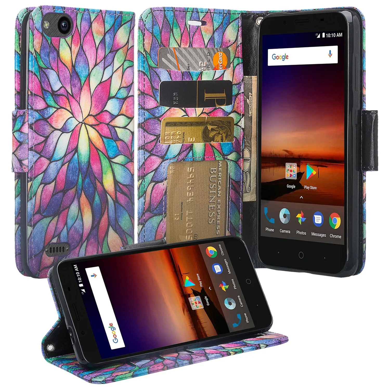 ZTE Blade Force | ZTE N9517 Pu Leather Magnetic Flip Fold[Kickstand] Wrist Strap Wallet Case with ID & Card Slots for ZTE Blade Force - Rainbow Flower